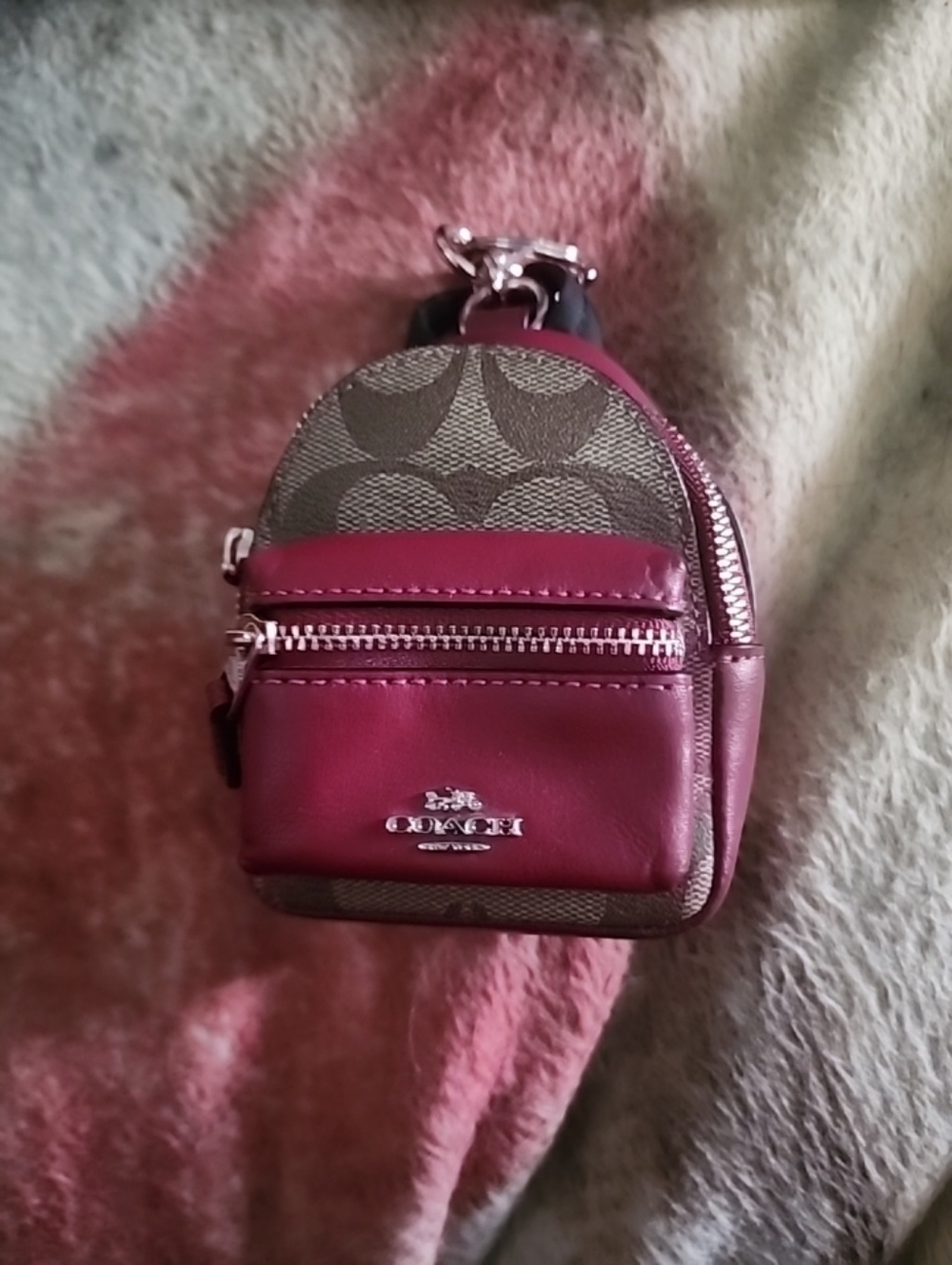 Coach Signature Canvas Mini Backpack Keychain with Pink Trim - Picture 6 of 6